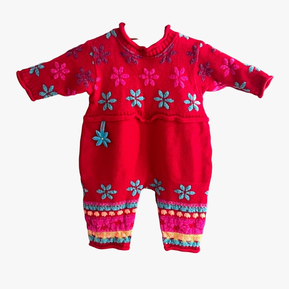 Clayeux Knit Romper 6M Baby Girls Floral Embroidered Red French Vintage